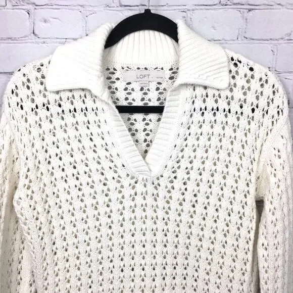 Loft Petites Cottagecore Open Knit Split Neck Cream Pullover Sweater Size XXS - Picture 2 of 13